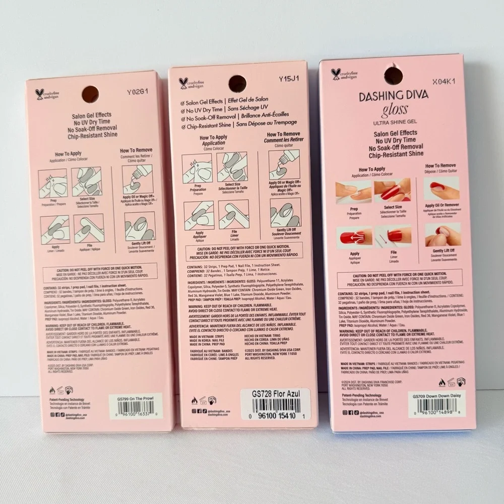 Dashing Diva Lot of 3 Gloss Ultra Shine Gel Nail Strips 32 Count Each New Colors